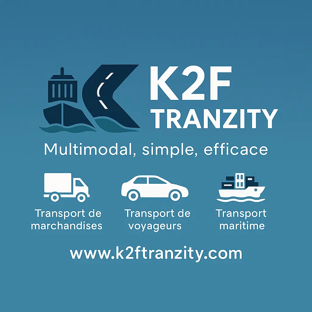 Affiche publicitaire moderne K2F TRANZITY illustrant ses services